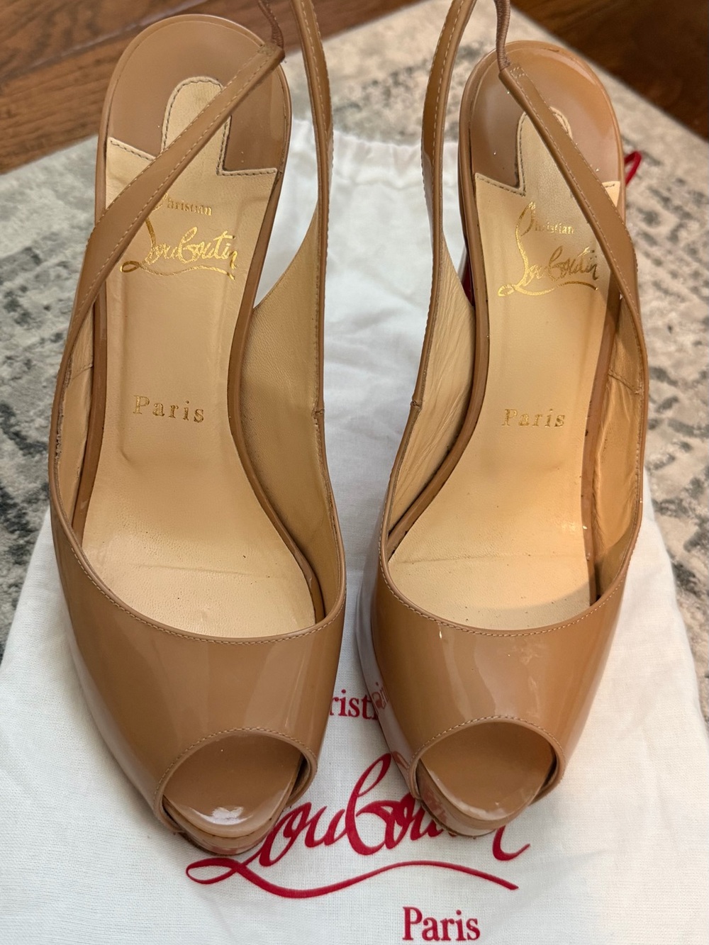 Christian Louboutin Nude Patent Peep-Toe Slingback Heels with Red Sole